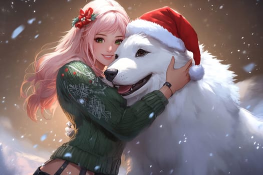 A young woman with pink hair joyfully hugs a white dog dressed in a Santa hat in a snowy, festive setting.