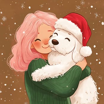 A girl smiles as she embraces her white dog, adorned with a Santa hat, amidst a snowy backdrop filled with holiday cheer.