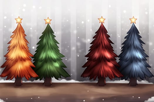Four vibrant Christmas trees stand decorated with stars in a snowy forest, creating a festive holiday atmosphere.