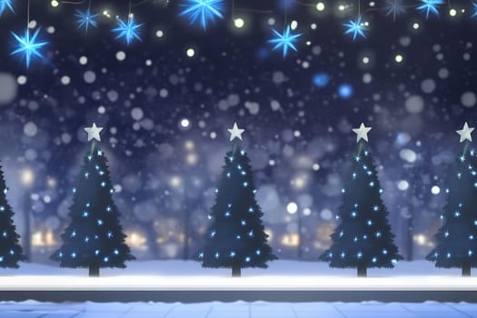 Beautifully decorated Christmas trees sparkle with lights and stars, creating a magical winter wonderland at night with falling snow.