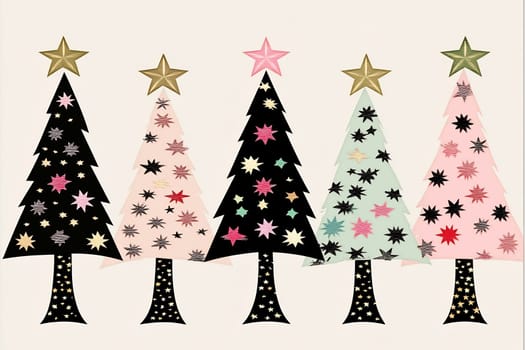 Five uniquely decorated Christmas trees in various colors with star toppers create a cheerful holiday atmosphere.