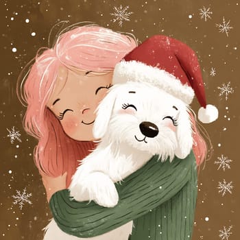 A girl with pink hair smiles as she embraces a fluffy white dog dressed in a festive hat surrounded by falling snowflakes.