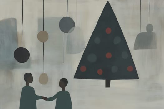 Two people are engaged in a friendly exchange beneath a stylized Christmas tree adorned with colorful ornaments.