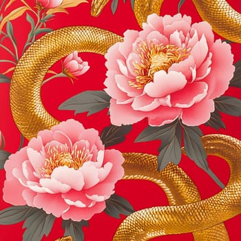 A vibrant composition showcases pink peonies beautifully combined with golden serpents against a deep red backdrop.