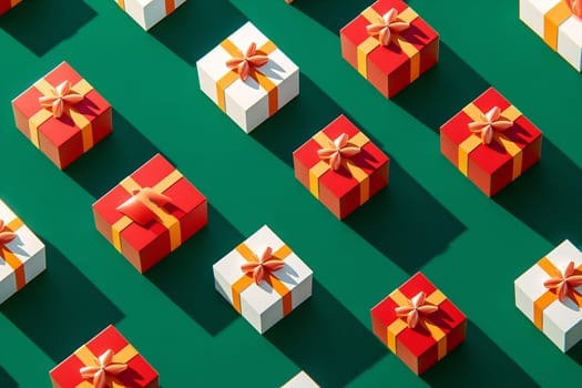 Brightly wrapped gift boxes with bows are creatively arranged, casting shadows on a green surface for a festive touch.