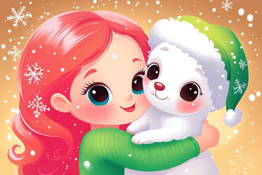 A girl with red hair embraces a white animal wearing a green hat while surrounded by falling snowflakes in a joyful winter atmosphere.