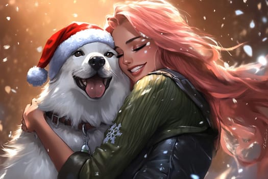 A woman with pink hair smiles warmly while hugging her cheerful dog, surrounded by falling snowflakes in a joyful winter atmosphere.