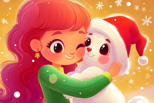 A cheerful girl with curly hair embraces a snowman wearing a Santa hat, surrounded by a snowy landscape and colorful decorations.