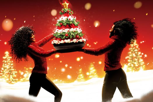 Friends joyfully present a beautifully decorated dessert resembling a Christmas tree in a winter wonderland setting.