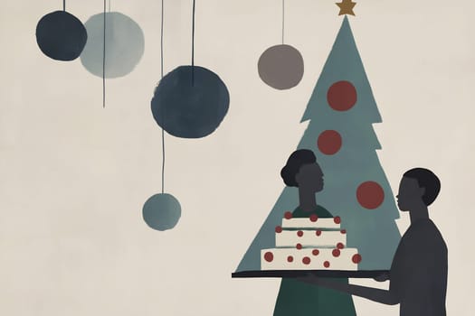 Two individuals hold a celebratory cake as they stand before a beautifully adorned Christmas tree, embracing the holiday spirit.