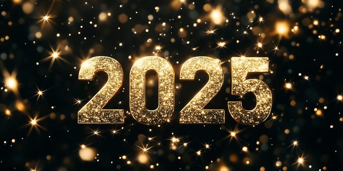 Large glittering numbers signify the upcoming year 2025, illuminated with golden stars and captivating lights creating a festive atmosphere.