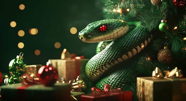 A green snake lounges among colorful Christmas gifts and ornaments, creating a unique holiday atmosphere under the tree.
