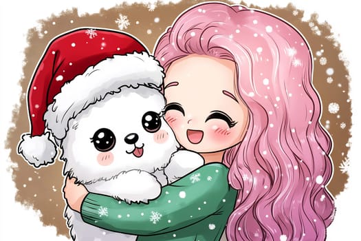A joyful girl with long pink hair embraces an adorable fluffy dog dressed in a festive Santa hat while snowflakes gently fall around them.