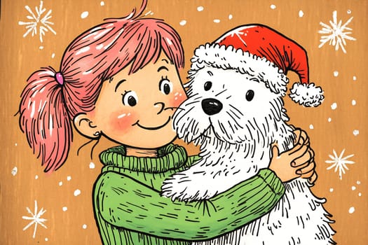 A young girl happily embraces her fluffy white dog adorned with a red Santa hat, sharing a joyful holiday moment together.