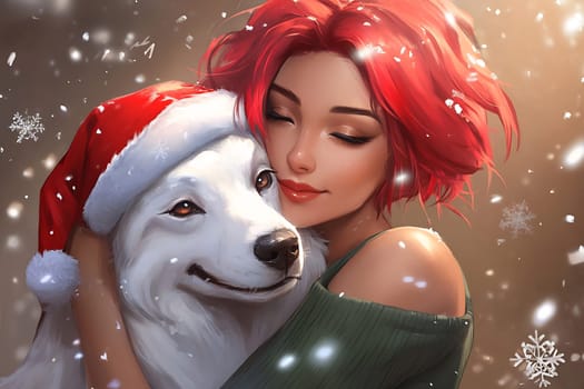 A joyful young woman in winter attire happily hugs a fluffy white dog, surrounded by falling snowflakes and a festive atmosphere.