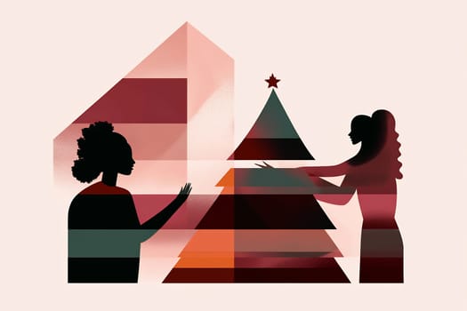 Two women joyfully decorate a Christmas tree, placing ornaments and a star atop, surrounded by vibrant geometric shapes symbolizing celebration.