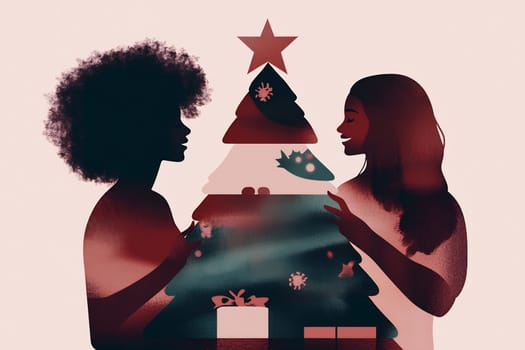 The two women joyfully decorate a Christmas tree, sharing moments of laughter and holiday cheer while surrounded by festive gifts.
