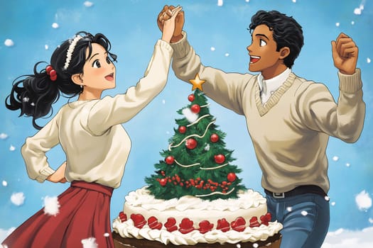A joyful couple dances in the snow, celebrating Christmas near a festive cake and a beautifully adorned tree.