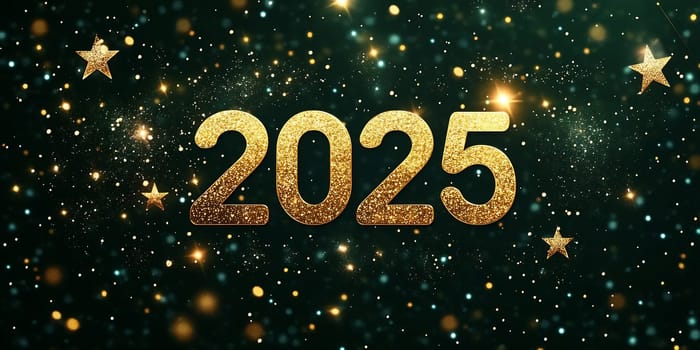 The number 2025 shines in gold with a backdrop of sparkling stars and lights, creating a celebratory and festive mood.