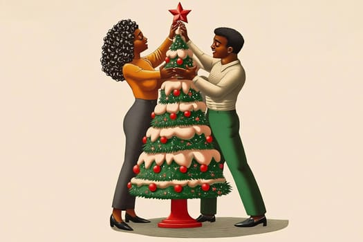 A couple is happily adding the finishing touches to their beautifully decorated Christmas tree at home, celebrating togetherness.