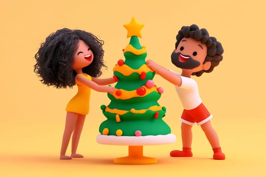 A couple joyfully decorates a festive Christmas tree, adding ornaments in a vibrant, cheerful atmosphere.