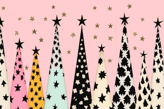 Party hats featuring various star patterns are displayed on a soft pink background, perfect for joyful celebrations and gatherings.