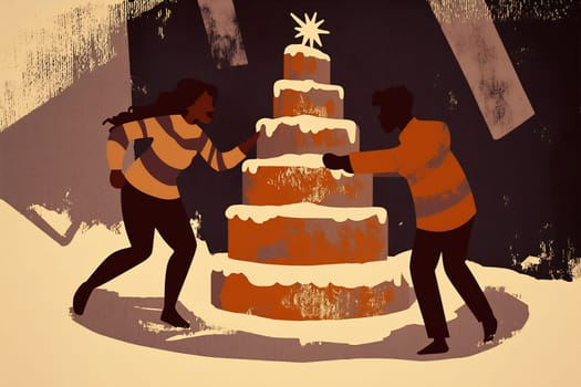 Two people are happily arranging a large, decorated cake in a winter setting, getting ready for a festive gathering.