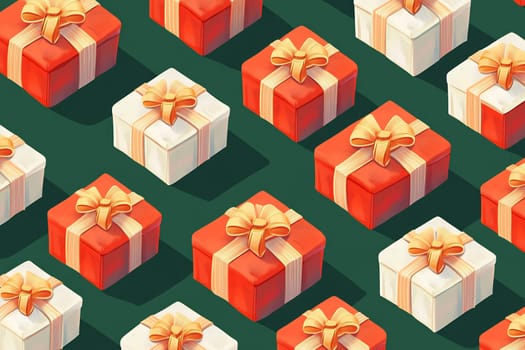 Brightly wrapped gifts in red and white arranged neatly, each decorated with bows, creating a festive arrangement ideal for celebrations.