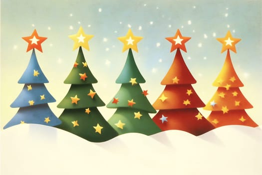 Five vibrant Christmas trees adorned with stars stand together in a snowy landscape, creating a cheerful holiday atmosphere.