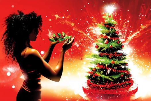 A woman stands against a vibrant background, holding Christmas ornaments and gazing at a colorful tree adorned with decorations.