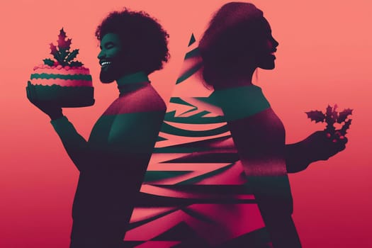 A couple stands back-to-back in a colorful display, showcasing a cake and holiday decorations, embodying festive spirit and joy.