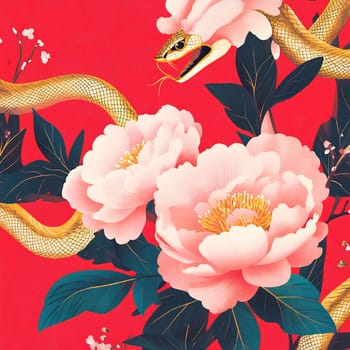 A striking snake intertwines with lush peony blossoms against a vivid red backdrop, creating a captivating visual contrast.