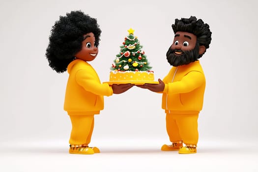 Two animated characters in matching yellow outfits happily present a Christmas tree and cake, capturing a joyful holiday spirit indoors.
