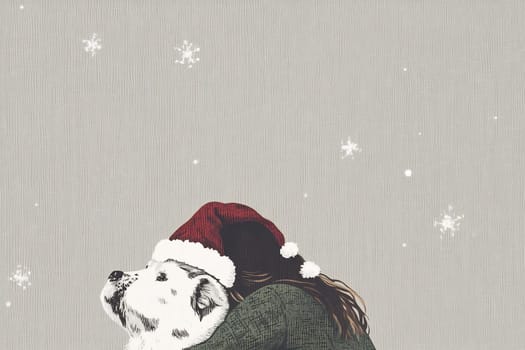 A girl wearing a festive hat hugs her dog, surrounded by gentle snowflakes, creating a cozy winter atmosphere of love and joy.