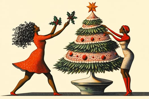 Two women joyfully decorate a Christmas tree with colorful ornaments and fresh holly, celebrating the holiday spirit indoors.