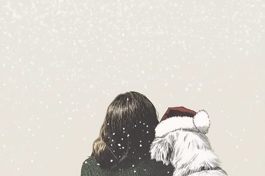 A woman and her small dog sit together, embracing the holiday spirit as snowflakes fall around them in a serene winter setting.