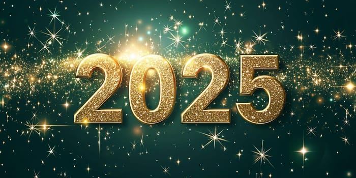 The celebration embraces the arrival of 2025 with shimmering golden numbers and radiant sparkles in a vibrant atmosphere.
