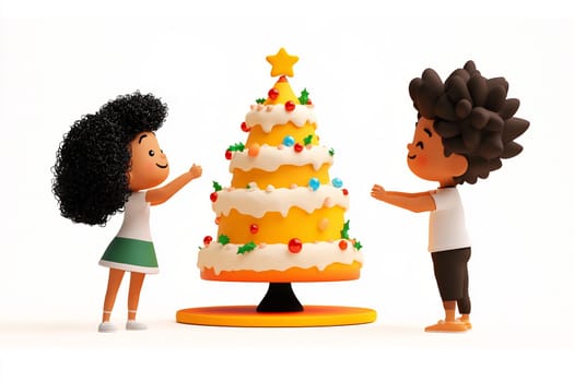 A boy and girl happily add decorations to a vibrant, tiered cake in a cheerful setting, celebrating a special occasion.