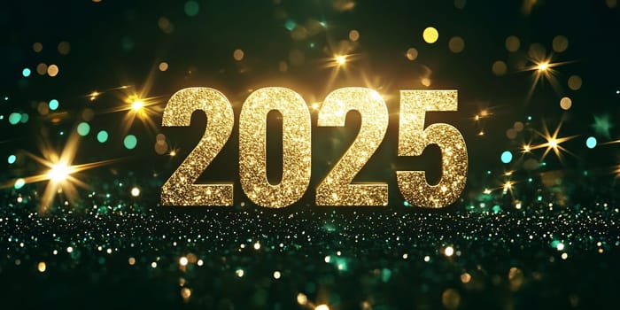 The bright golden numbers representing 2025 shine against a shimmering, festive background filled with sparkles and soft lights.