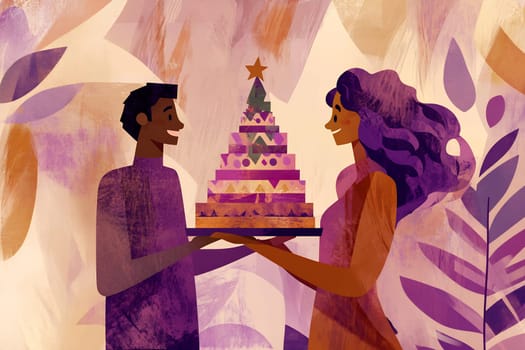 A pair of smiling individuals hold a stunning cake decorated for a joyful celebration, surrounded by vibrant colors and festive decor.