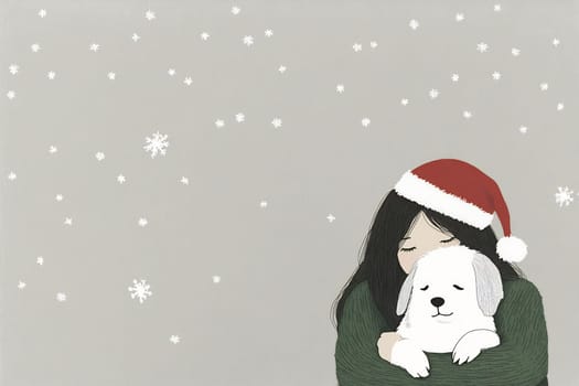 A girl joyfully holds her white puppy close while snow gently falls around them in a festive winter atmosphere.