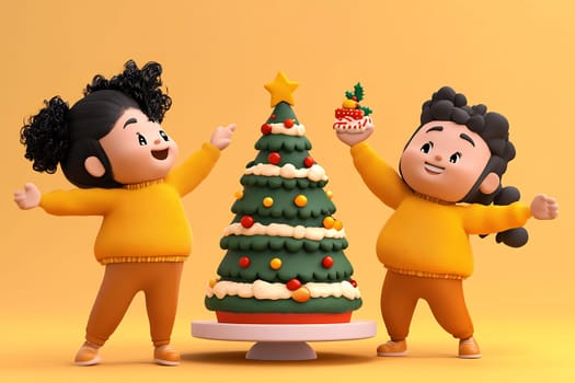 Two happy children enjoy a fun Christmas celebration, proudly showing off a decorated cookie tree and festive treats.