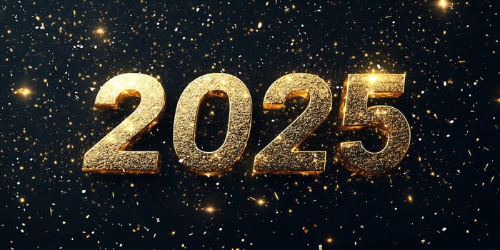 Shimmering gold digits signify the upcoming year 2025, surrounded by a dazzling display of sparkling particles and lights.