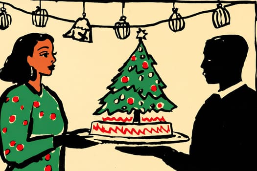 A couple shares a festive moment as they present a Christmas cake with a beautifully decorated tree in a warm, celebratory setting.