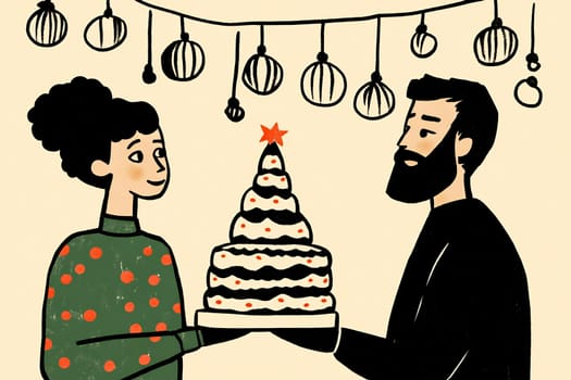 A woman in a holiday sweater and a man with a beard hold a large decorated cake together, smiling amidst Christmas lights and ornaments.