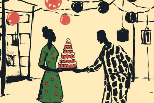 Two individuals joyfully share a beautifully decorated cake during a celebration in a vibrant, festively decorated environment.