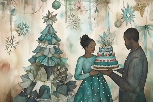 A festive moment unfolds as a young girl presents a decorated cake to a man in a cozy, decorated space adorned for Christmas.
