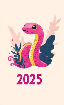 The vibrant pink snake coiled among green leaves symbolizes the year 2025 with a playful artistic touch.