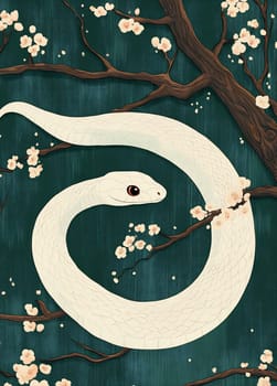 A white snake peacefully encircles cherry blossom branches, blending harmoniously with its natural surroundings.