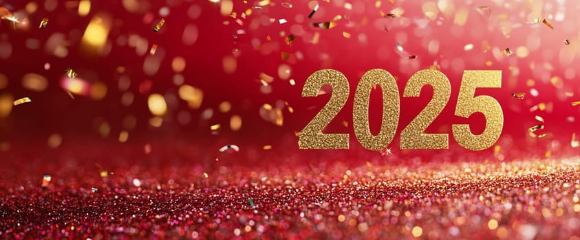 A lively display of sparkling confetti falling against a vibrant red background, highlighting the year 2025 in golden numbers.
